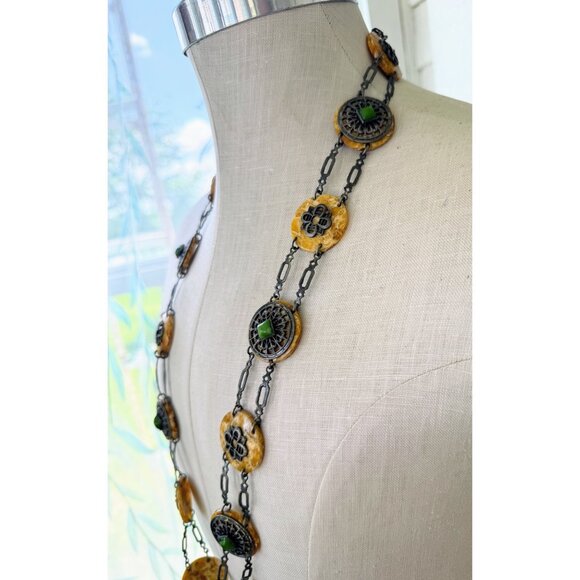 Antique 30's Celloid Circles Green Glass Silverplate women's Link Belt/Necklace - Picture 7 of 16